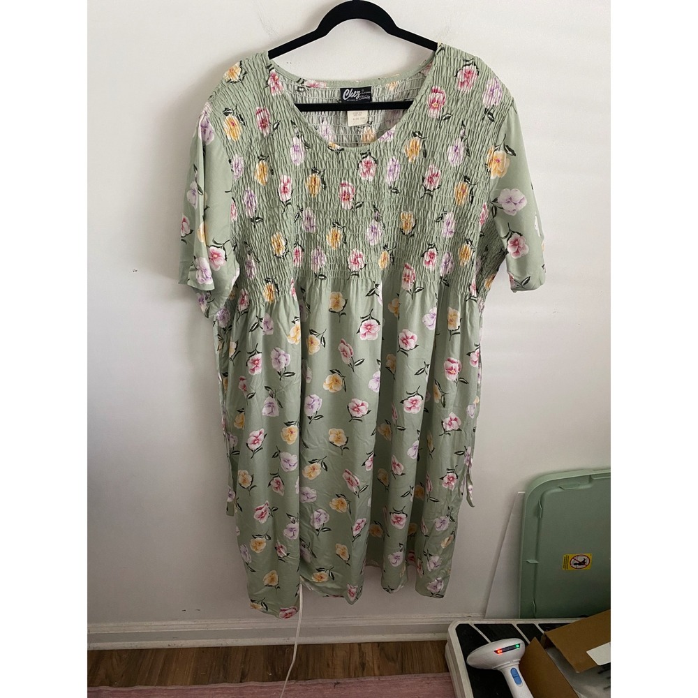 Chez California Vintage Floral Smocked Midi Dress Sage Green Plus Petite 22W USA